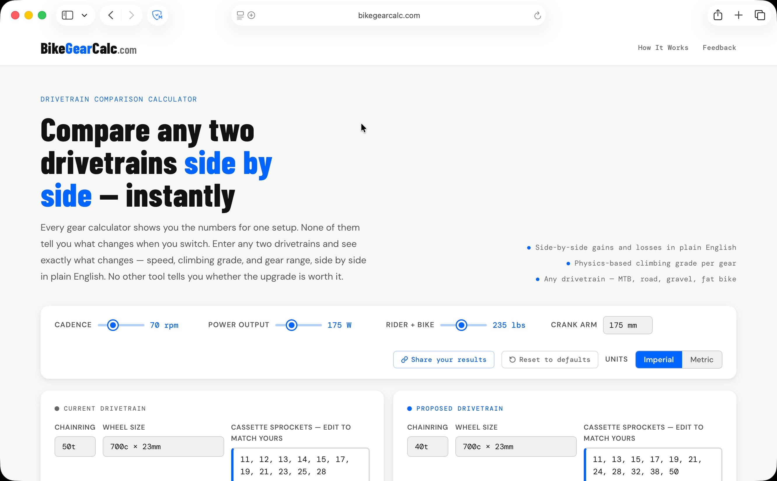 BikeGearCalc drivetrain comparison calculator web app - PushMedia