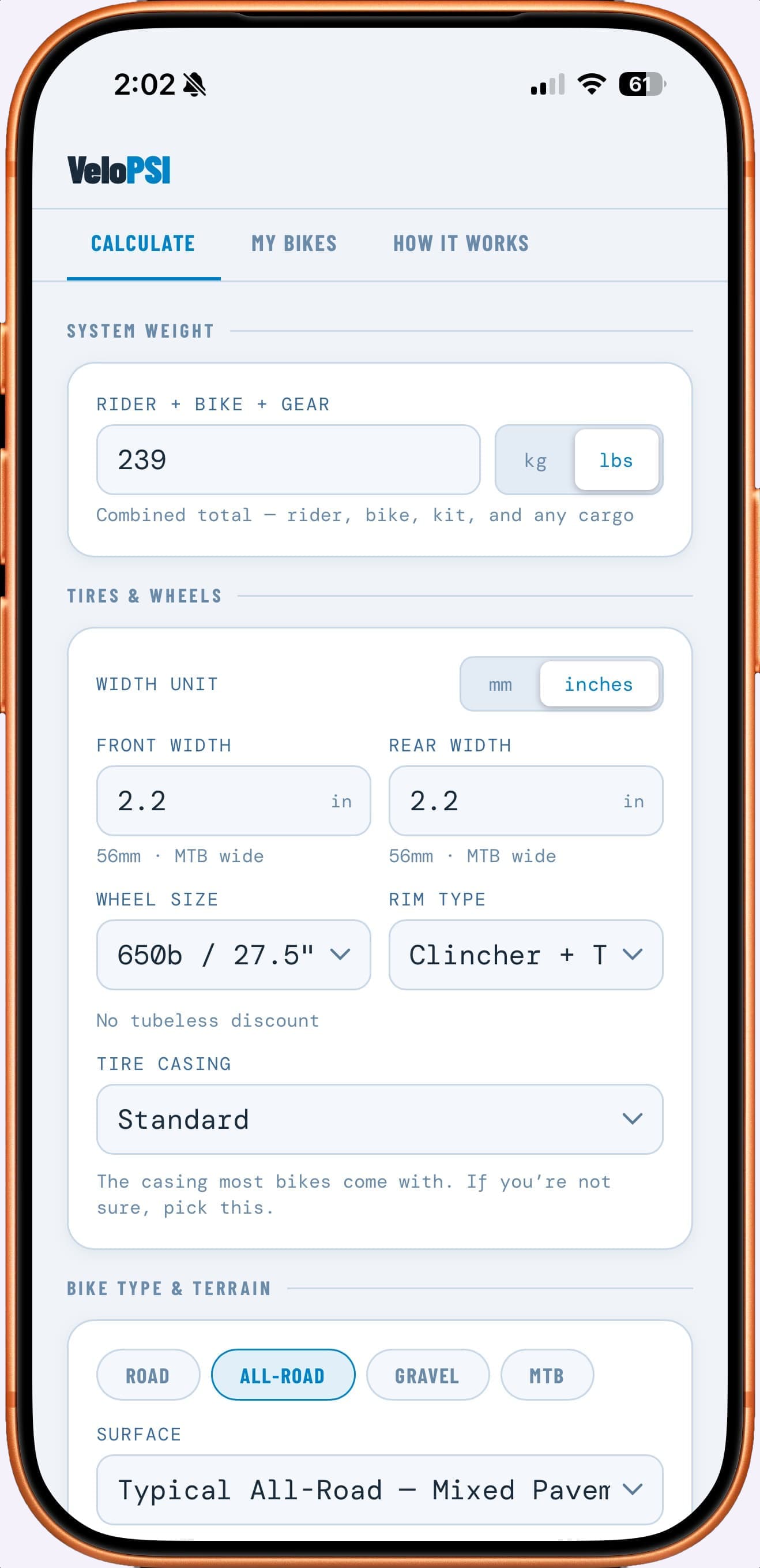 VeloPSI tire pressure calculator mobile app - PushMedia